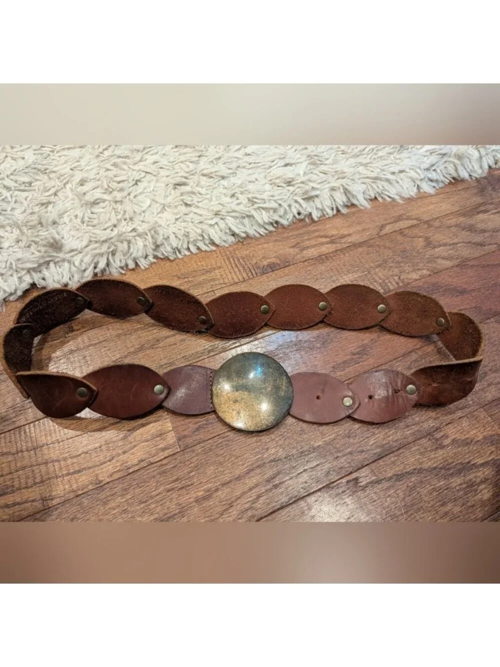 Vintage Leather disk rivet belt with brass metal buckle boho western 39.5